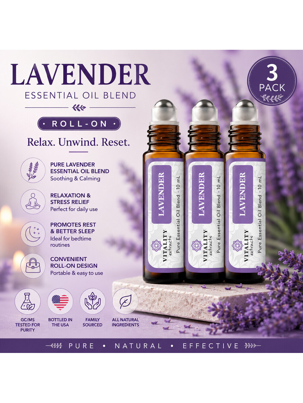 3-Pack Vitality Extracts Lavender Essential Oil Roll On 10mL Pure Blend